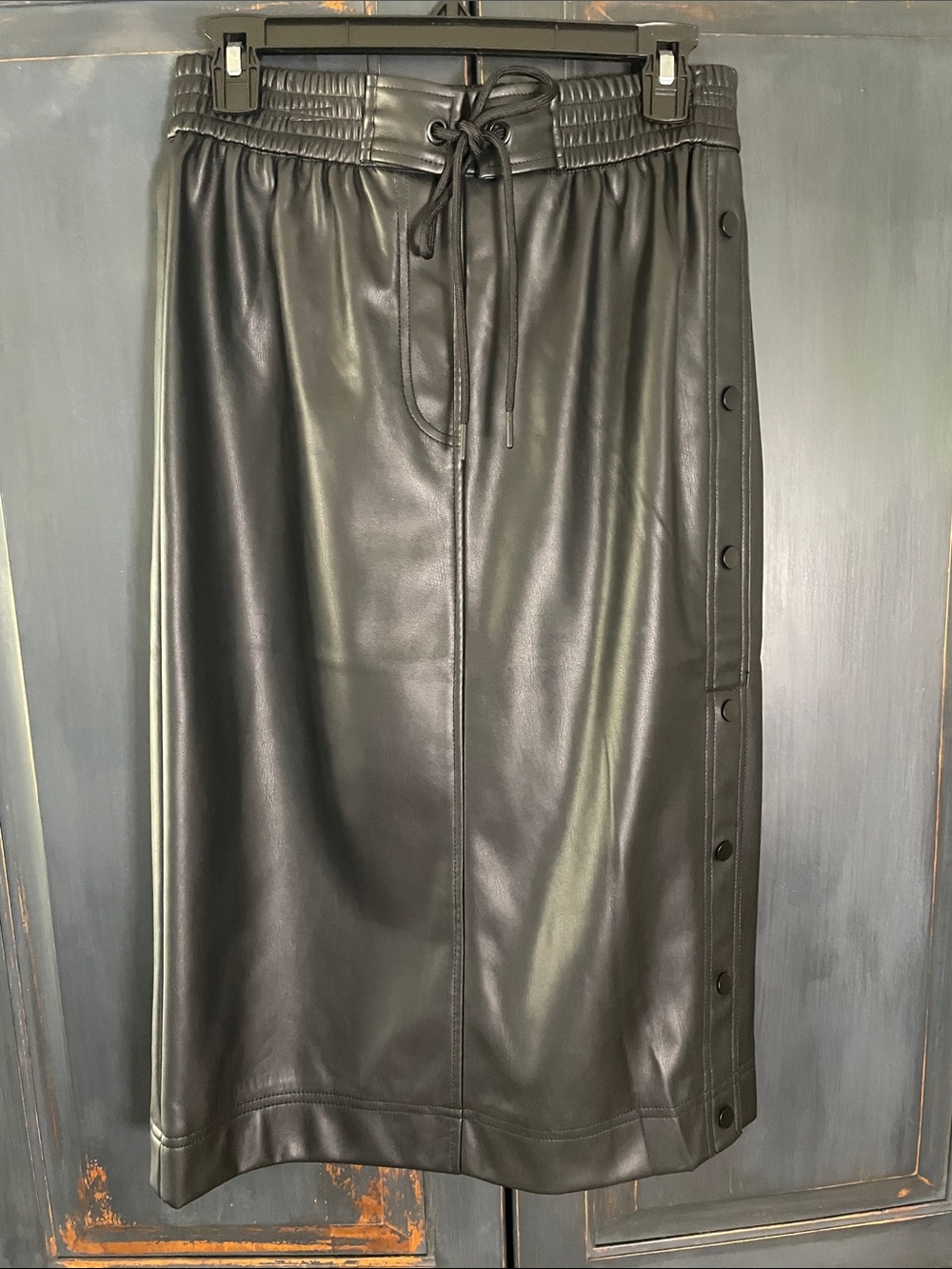 Steve Madden Black Faux Leather Midi Skirt with Snap Side Placket